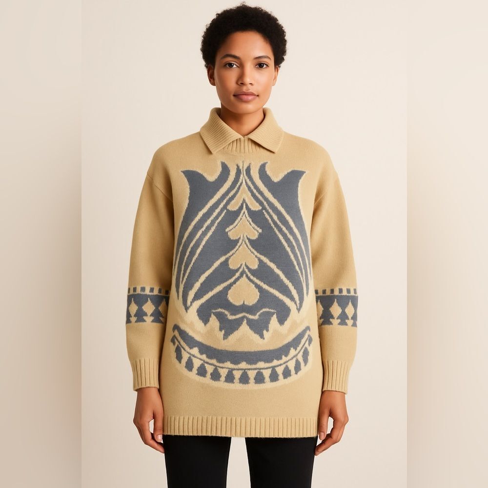 Cleopatra Broumand Vintage 100% Wool Collared Tunic Sweater Cream Blue Size XL
